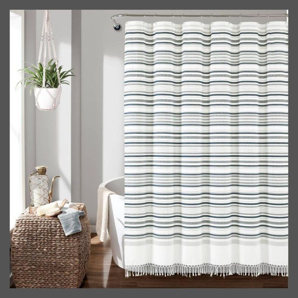 Lush Decor -  Alternating Tassel Cotton Shower Curtai Navy